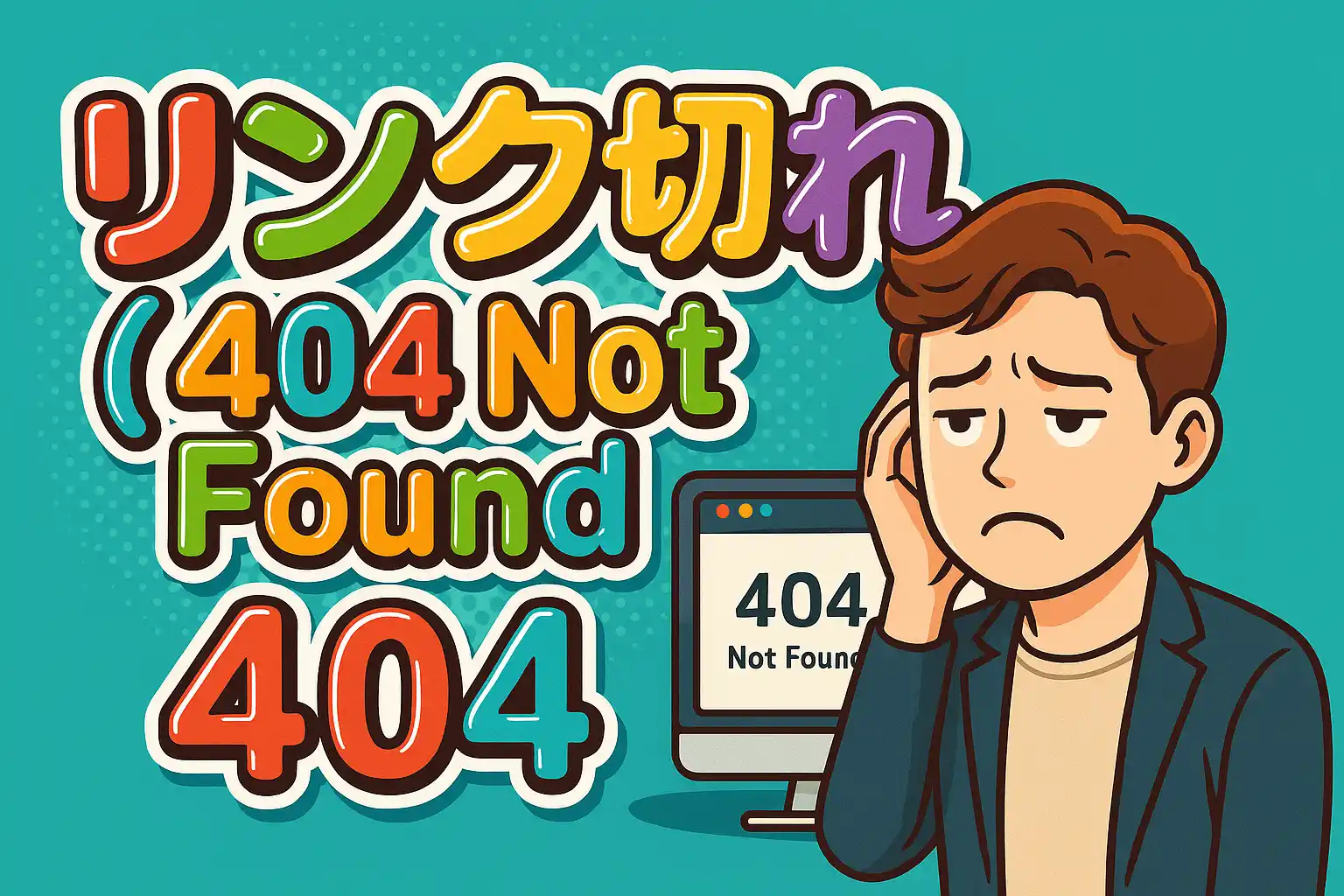 リンク切れ（404 Not Found）エラーに困惑する男性と、カラフルでポップな「リンク切れ（404 Not Found）」の文字が描かれたイラスト