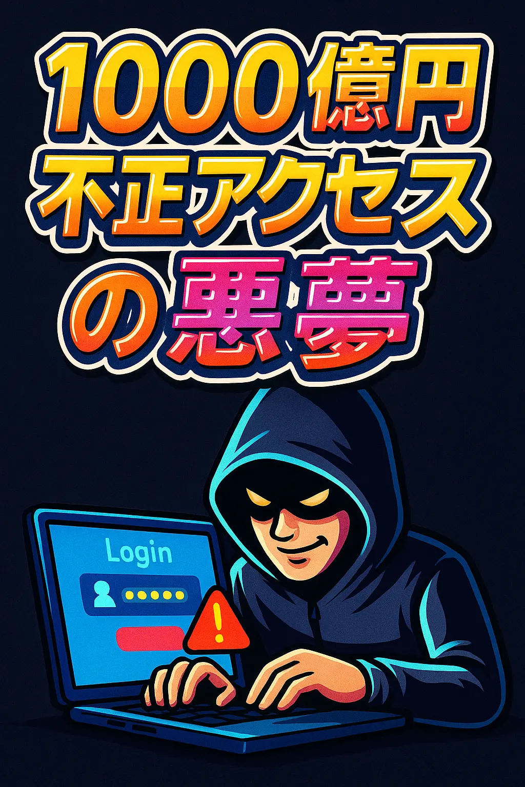 1000億円不正アクセスの悪夢を訴えるカラフルなタイトルと、ログイン画面を不正操作するフード姿ハッカーのイラスト