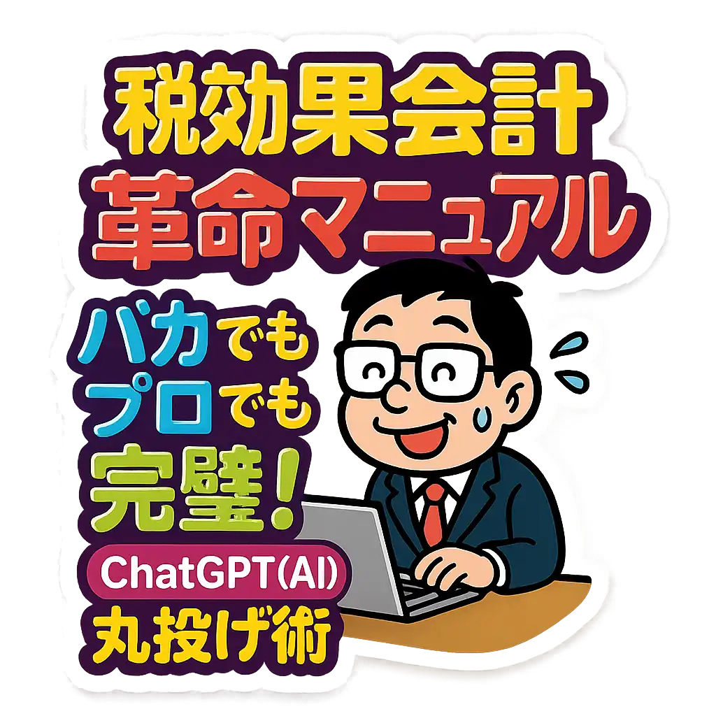 税効果会計マニュアルの表紙イラスト。カラフルなポップ文字で「税効果会計 革命マニュアル バカでもプロでも完璧!ChatGPT(AI)丸投げ術」と書かれ、スーツ姿のサラリーマンがパソコンを操作しているコミカルな表情のイラストが中央に配置されている。初心者向けのAI活用ガイドを視覚的に表現。
