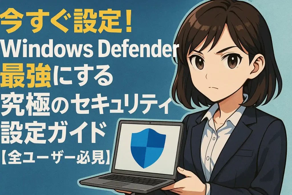 Windows Defenderの最強セキュリティ設定を指南するアニメ風の女性キャラクターとノートパソコンのイラスト。コア分離やランサムウェア対策などを強調した初心者向けセキュリティガイドの視覚素材