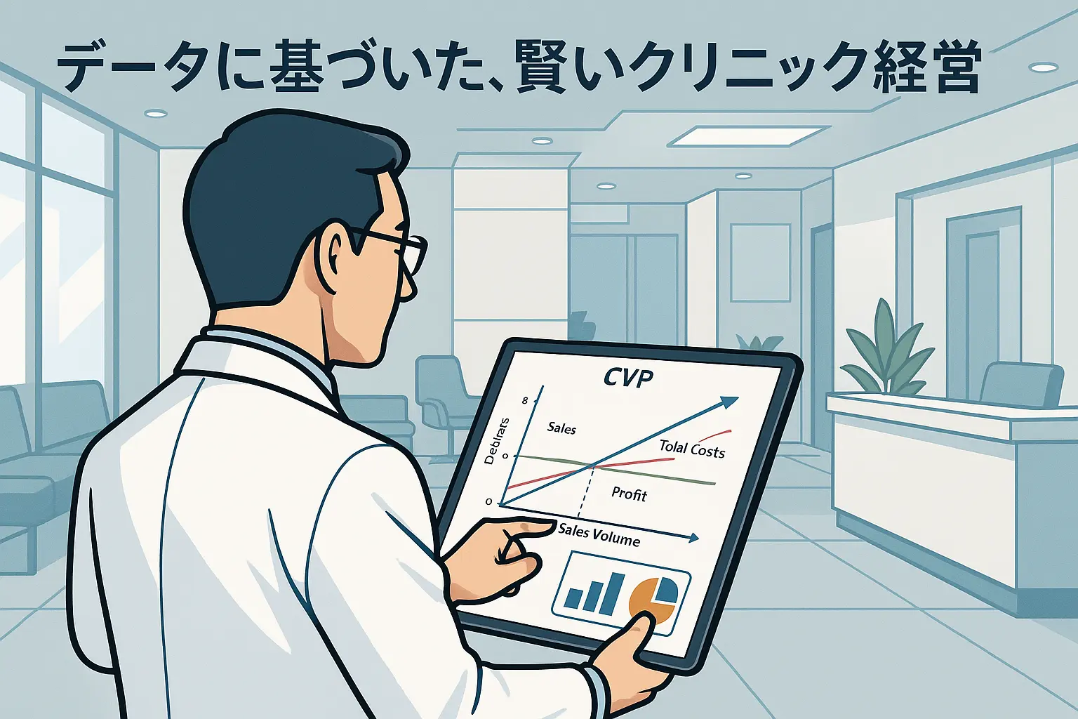 クリニック経営CVP分析ツールの使い方を解説する記事のアイキャッチ画像。医師がグラフと電卓を見ながら経営計画を立てている様子。