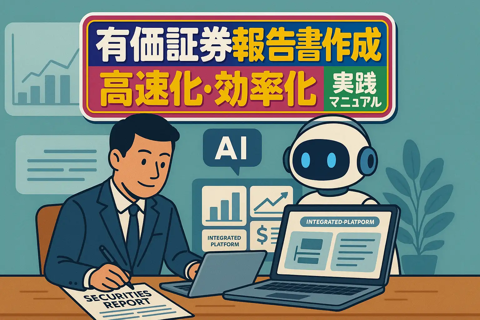 AIが有価証券報告書の作成を支援する様子を描いたイラスト。ビジネスマンとロボットが統合プラットフォーム上で効率的に報告書を作成し、『有価証券報告書作成 高速化・効率化 実践マニュアル』というタイトルがカラフルに表示されている。