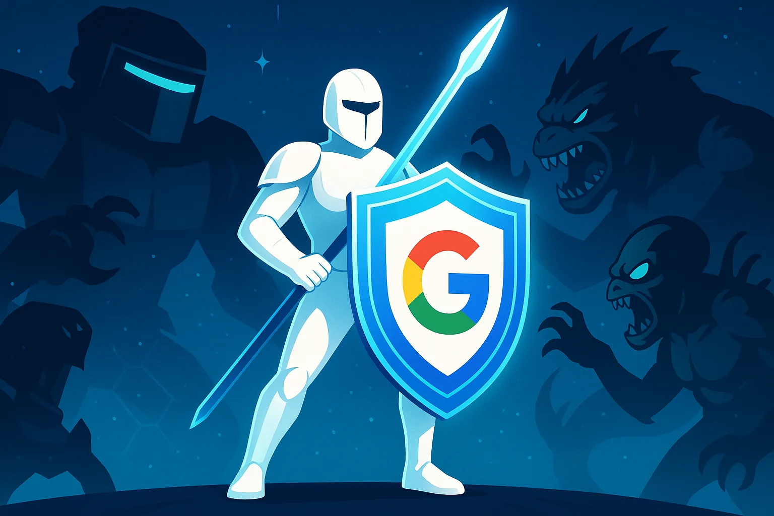 白いアーマーをまとったGoogle戦士が、カラフルなGロゴ入りの盾と青い槍を手に、サイバー空間のモンスターたちからGoogleアカウントの安全を守る様子を描いた近未来的なイラスト