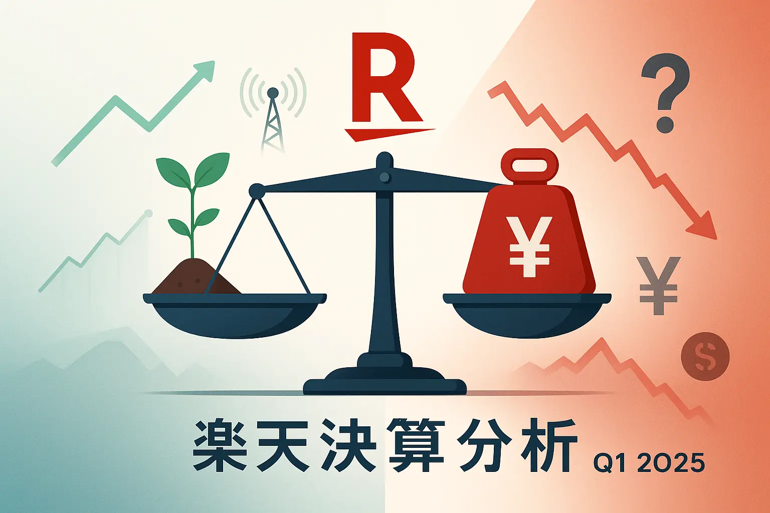 楽天グループ2025年第1四半期決算分析のアイキャッチ画像。楽天のロゴ「R」を背景に、左半分は明るく緑の上昇グラフで楽天モバイルEBITDA黒字化の「光明」を、右半分は影があり赤の下降グラフで純損失拡大や株価下落懸念の「影」を対比的に表現。