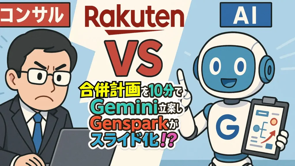 AIが楽天グループの吸収合併計画を立案し、Gensparkがプレゼンスライドを作成するイメージCG