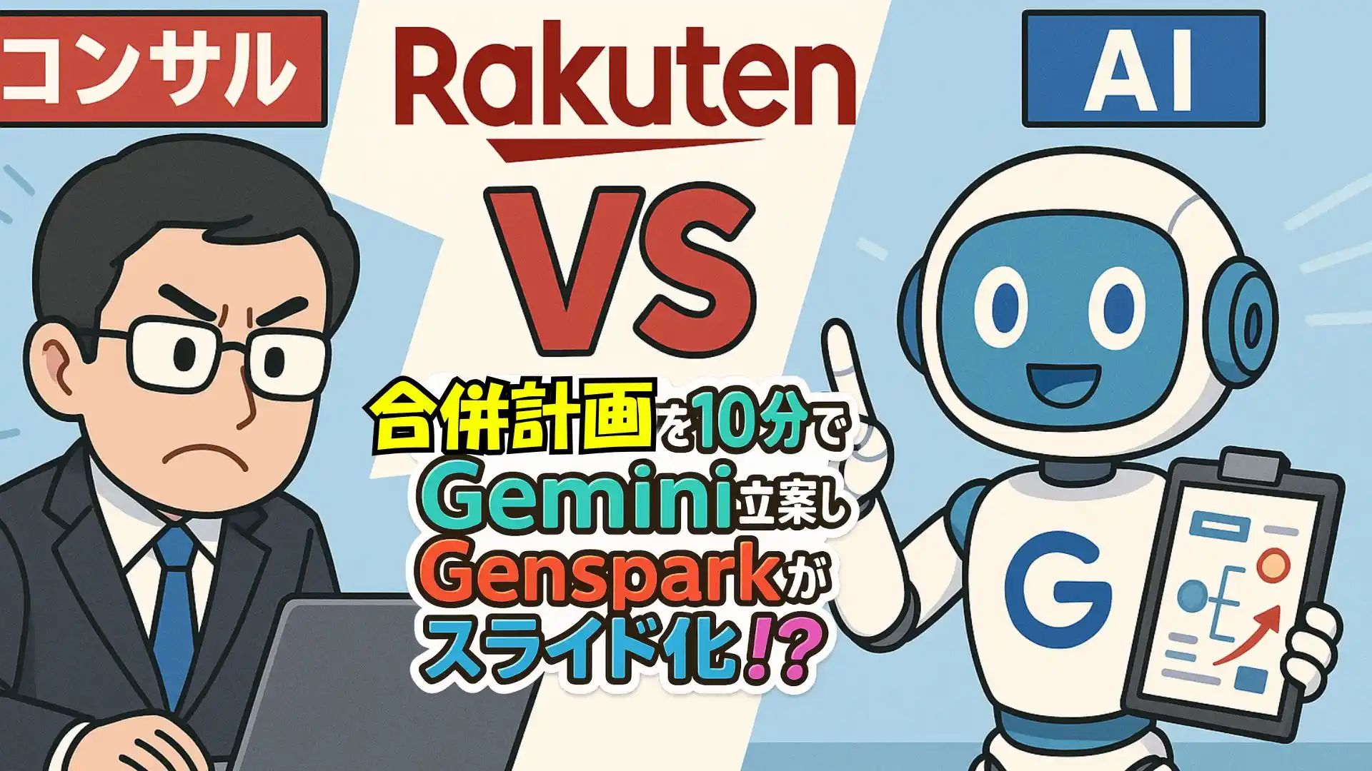 AIが楽天グループの吸収合併計画を立案し、Gensparkがプレゼンスライドを作成するイメージCG
