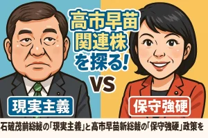 高市早苗関連株を探る！石破茂前総裁の「現実主義」と高市早苗新総裁の「保守強硬」政策を徹底比較